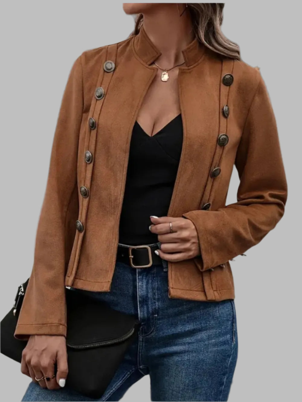 Women's Faux Suede Open Front Button Detail Fitted Jacket