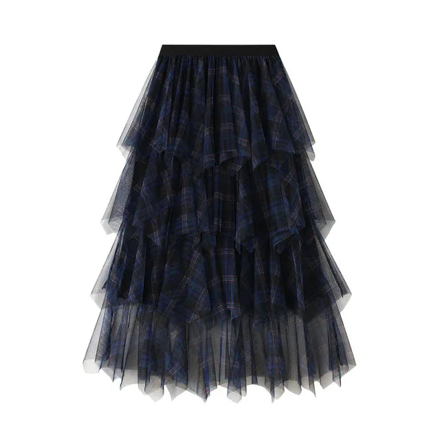 Women's Tartan Mesh Layered A-line Midi Flare Skirt