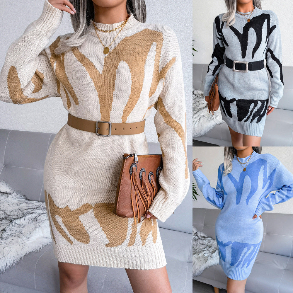 Women's Geometric Pattern Knitted Sweater Dress Long Sleeve Round Neck Midi Casual Fashion