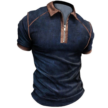 Men's Polo Shirt Zipper Collar Short Sleeve Detailed Shoulder Casual T-shirt