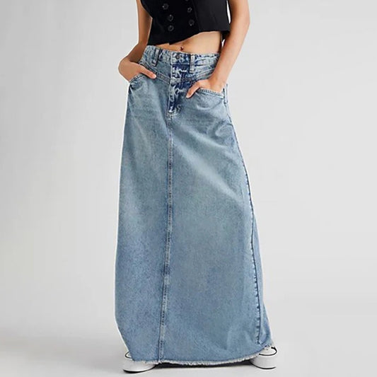 Women's Denim Skirt Frayed Hem Straight A-line High Waist Slim Mid Length Pockets