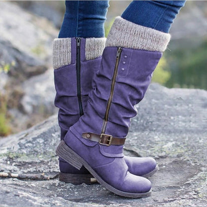 Women's Knee Length Snow Boots Wool Trim Thick Low Heel Zip Side Footwear