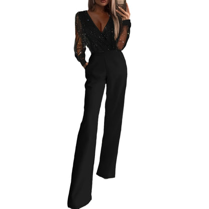 Women's Elegant Mesh Sparkle Top Fitted Trousers Jumpsuit V-Neck Pockets Outfit