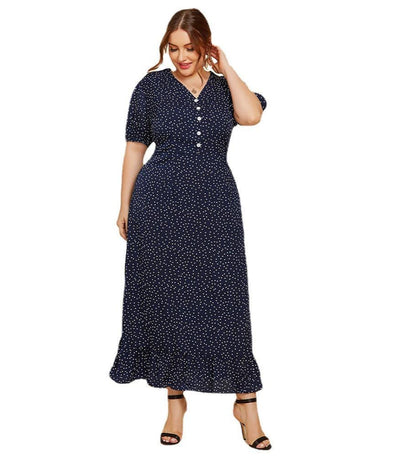 Women's Plus Size Polka Dot Fitted Maxi Dress Short Sleeve V-Neck Button Detail