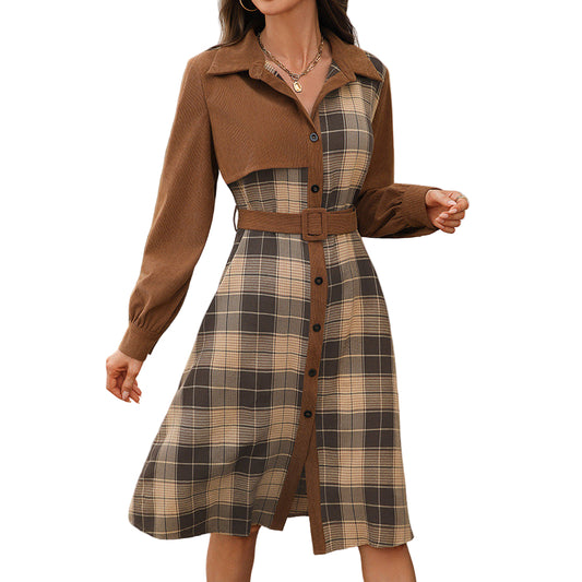 Women's Brown Ribbed Plaid Splicing Belted Midi Shirt Dress