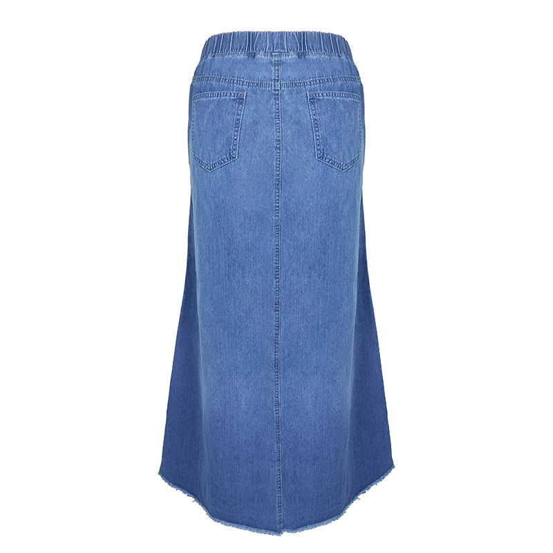 Women's Oversize Denim Skirt Patchwork Detailed Stitch Frayed Hem Solid High Waist Pockets Maxi Full Length