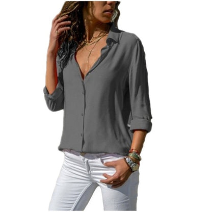 Women's Solid Colour Chiffon Blouse Long Sleeve V-Neck Button Front Casual Shirt