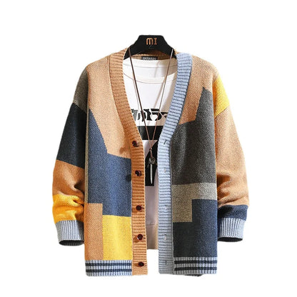 Men's Vintage Stitching Colours Cardigan V-Neck Long Sleeve Button Front Knitwear