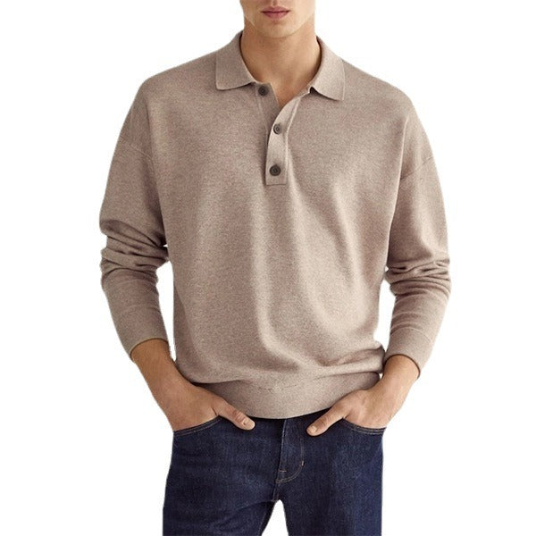 Men's Solid Colour Polo Shirt Long Sleeve Button Collar Loose Fit Casual Top