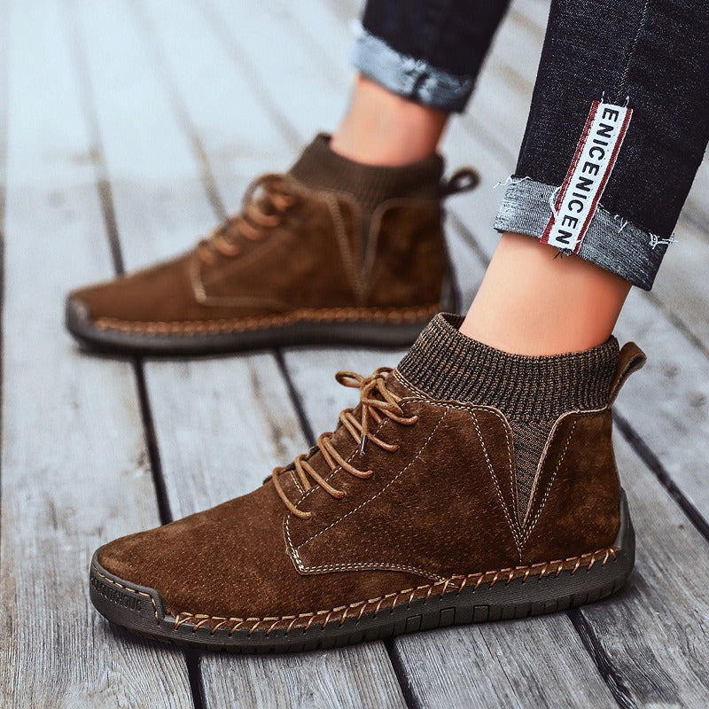 Men's Mid-Top Cotton Boots Pull On Lace Detail Front Shoes