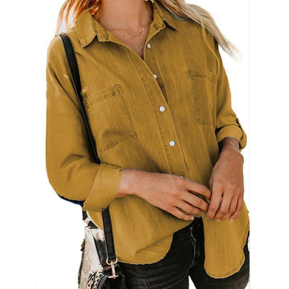 Women's Denim Style Lightweight Shirt Loose Fitting Double Pocket Long Sleeved Blouses