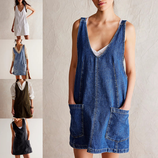 Women's Denim Pinafore Style V-Neck Backless Dress