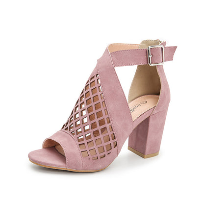 Women's Cut-Out Peep Toe Sandals Buckle Ankle Strap Large Size Chunky High Heels Shoes