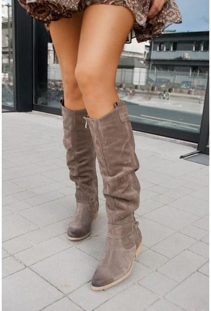 Women's Faux Suede Knee Length Boots Low Heel Side Zipper Footwear