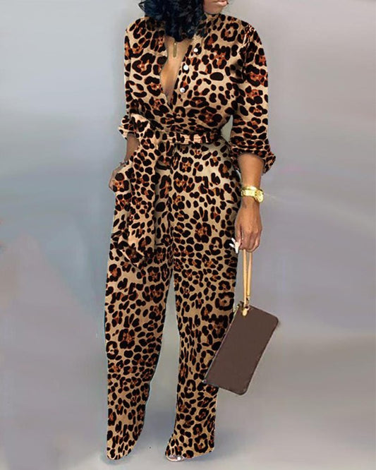 Women's Pattern Print Jumpsuit Long Sleeve Button Front Tie Belt Waist Wide Leg Outfit