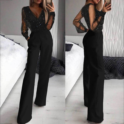 Women's Elegant Mesh Sparkle Top Fitted Trousers Jumpsuit V-Neck Pockets Outfit