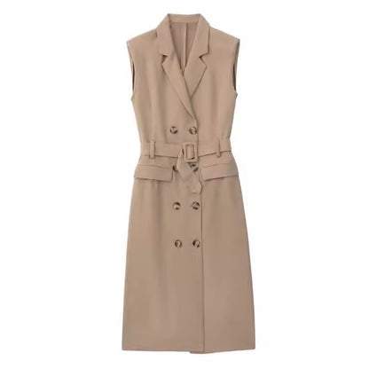 Women's Sleeveless Trench Coat Style Midi Dress Double Breasted Belt Waist V-Neck Collar