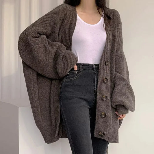 Women's Oversized Solid Colour Knitted Cardigan Button Front Long Sleeve Winterwear