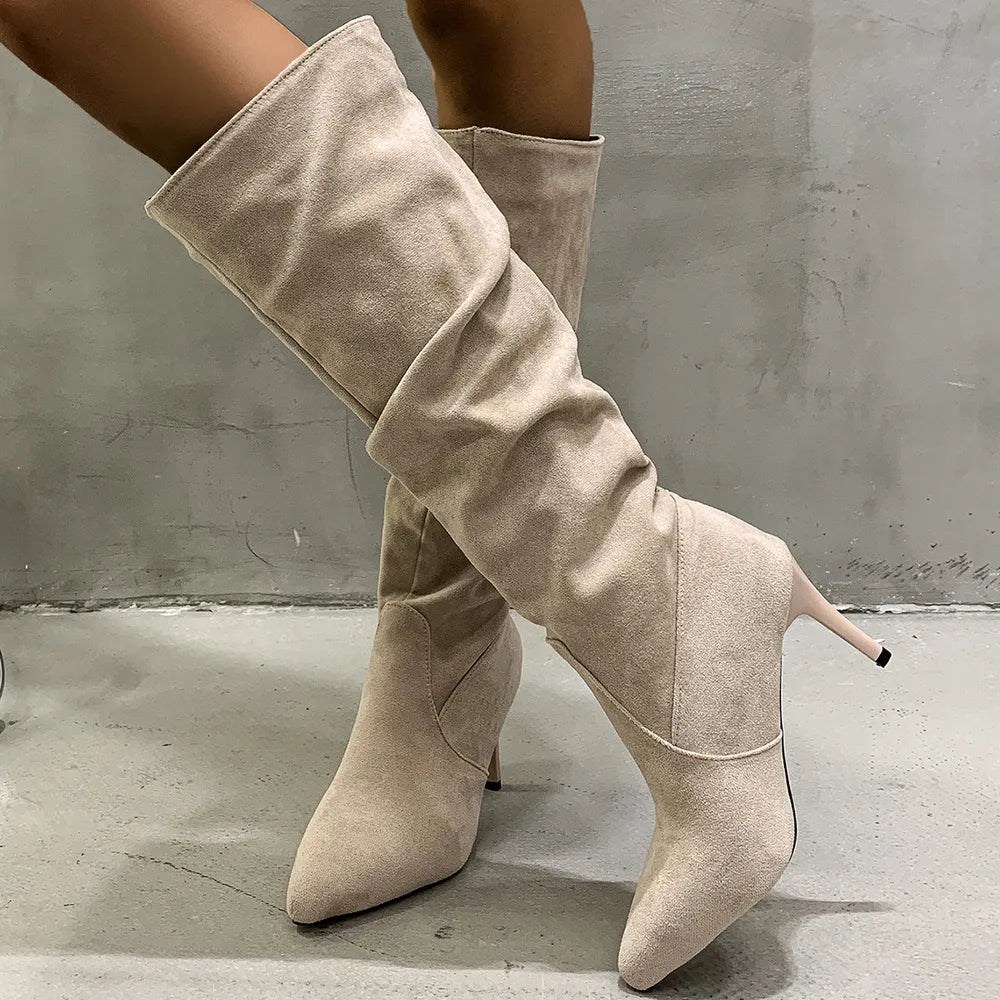 Women's Faux Suede Ruched Pull On Knee High Boots