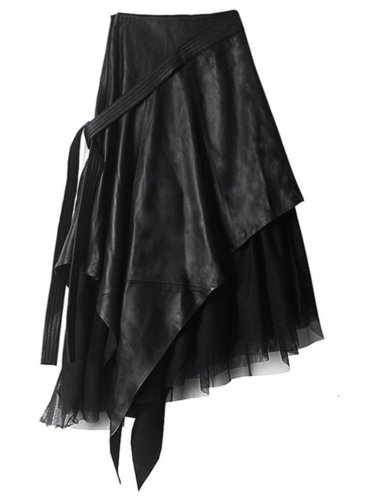 Women's Gothic PU Leather Patchwork Mesh High Waist Long Irregular Layered Length Spliced Skirt