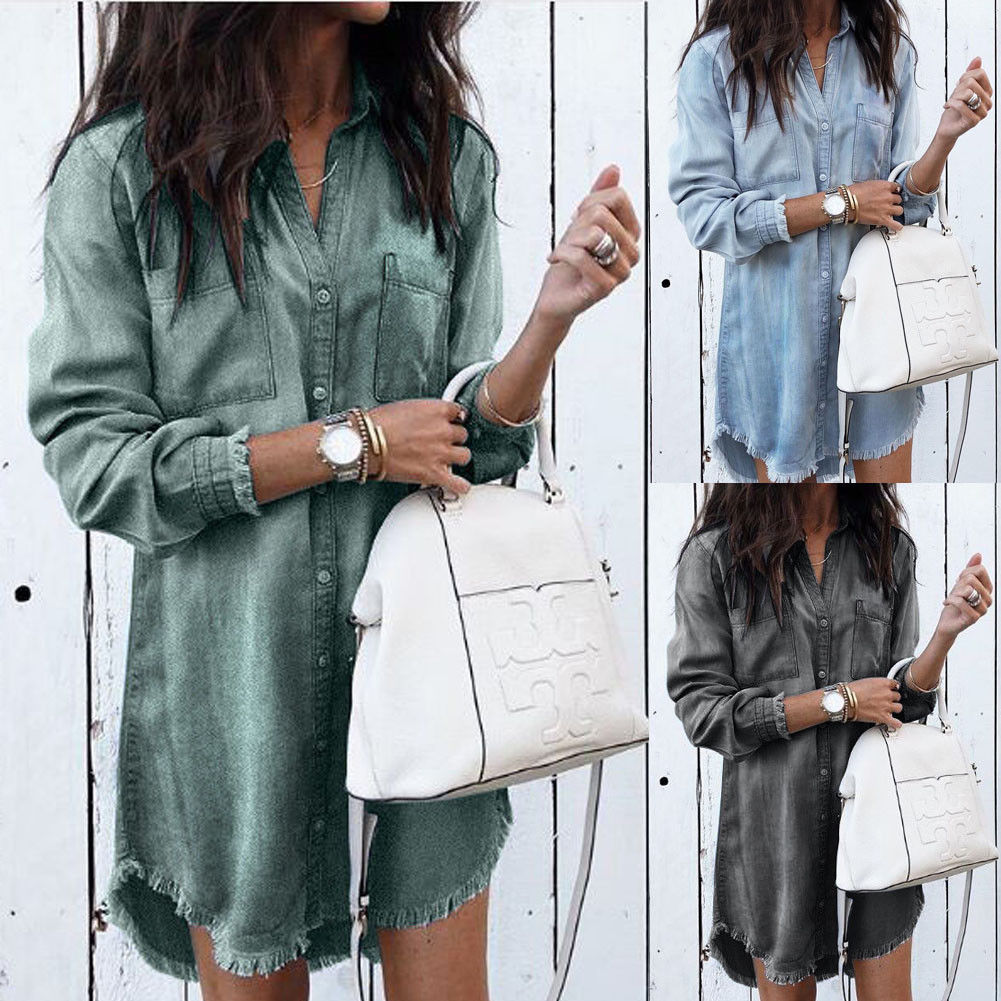 Women's Long Denim Shirt Dress Frayed Cuffs and Hem Button Front Long Sleeves