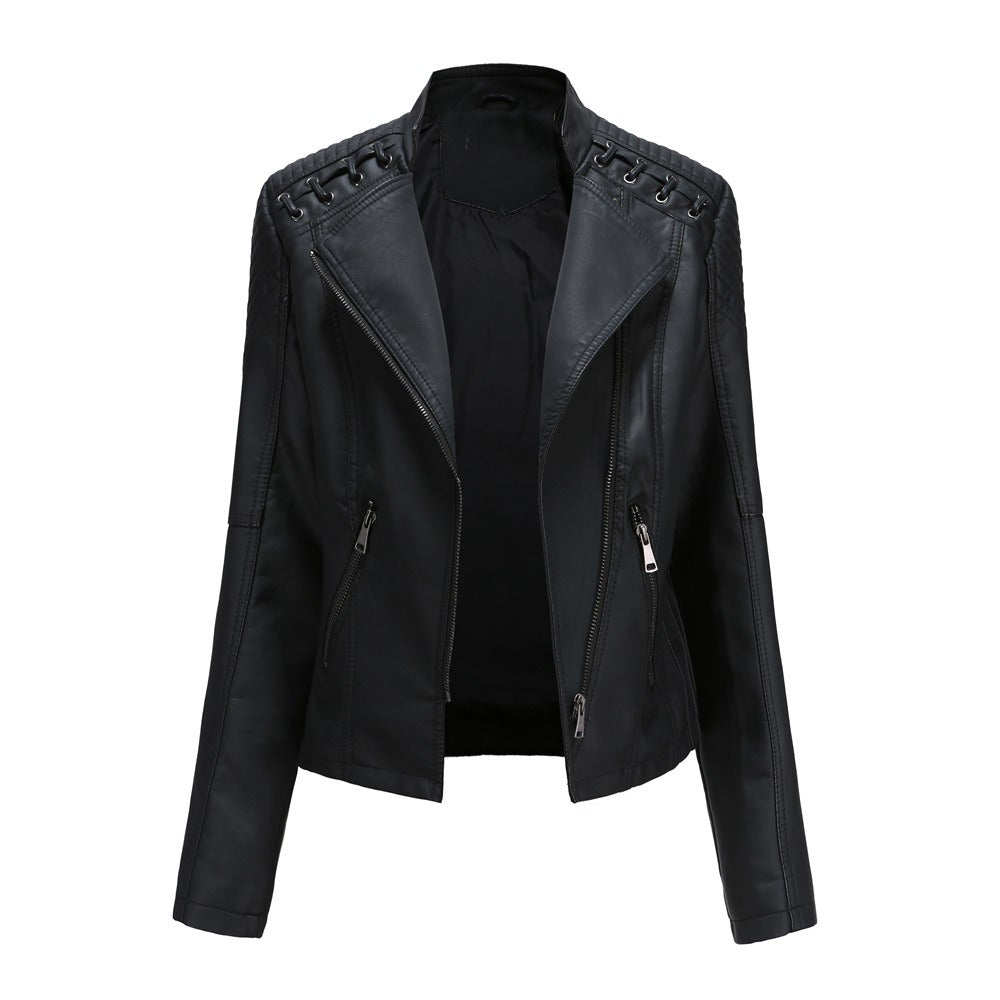 Women's PU Leather Jacket Long Sleeved Pockets Shoulder Detail Fitted Waist Zip Pockets Casual Fashion