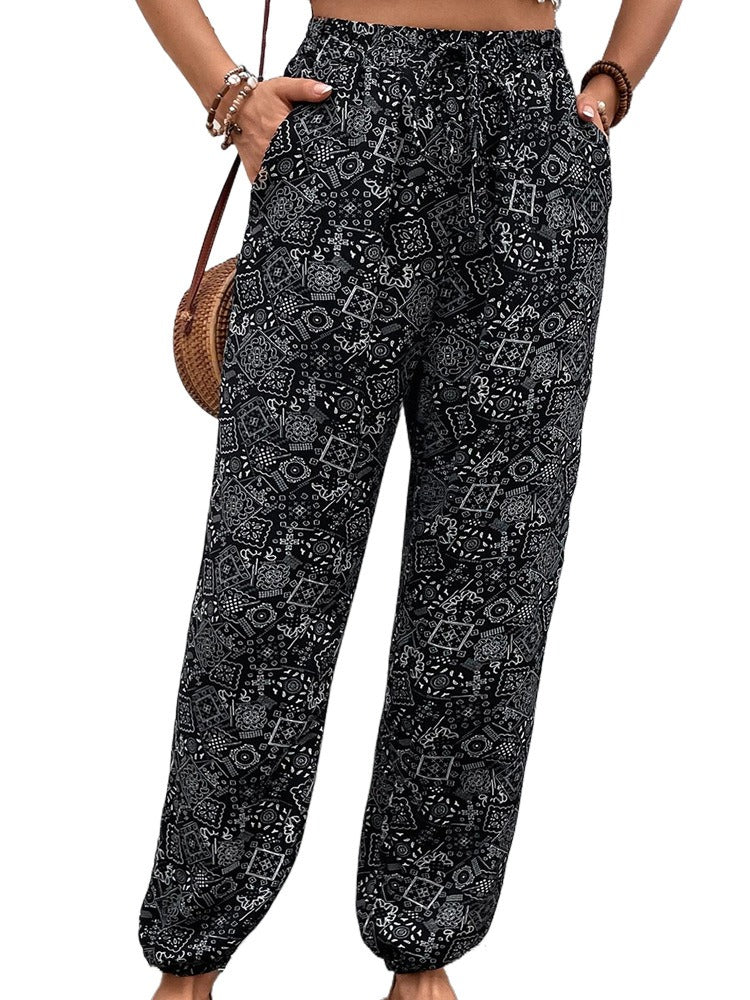 Women's Bohemian Print Tie Waist With Pockets Trousers