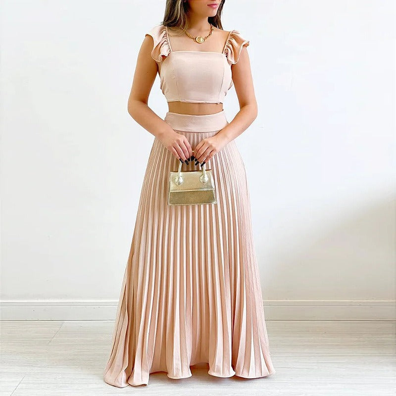 Women's Solid Colour Two Piece Set Co-ords Short Tank Top High Waist Pleated Maxi Length Skirt