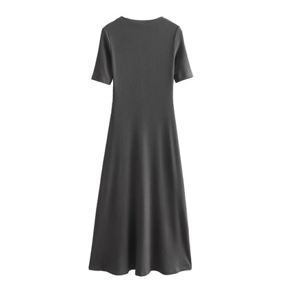 Women's Basic Ribbed Round Neck Short Sleeve Maxi Dress