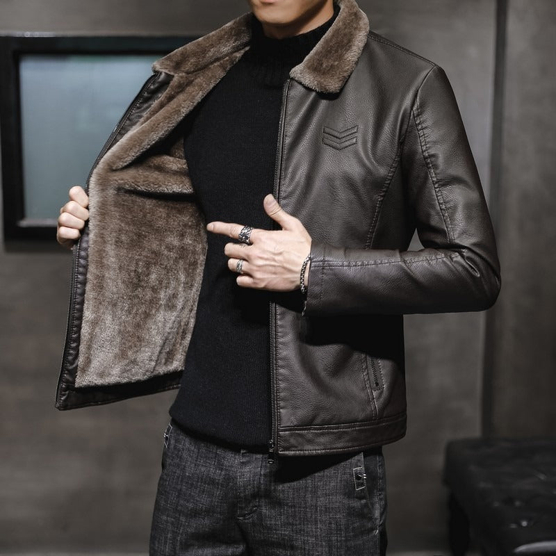 Men's Faux Leather Fur Lined Jacket Long Sleeve Lapel Collar Zip Front