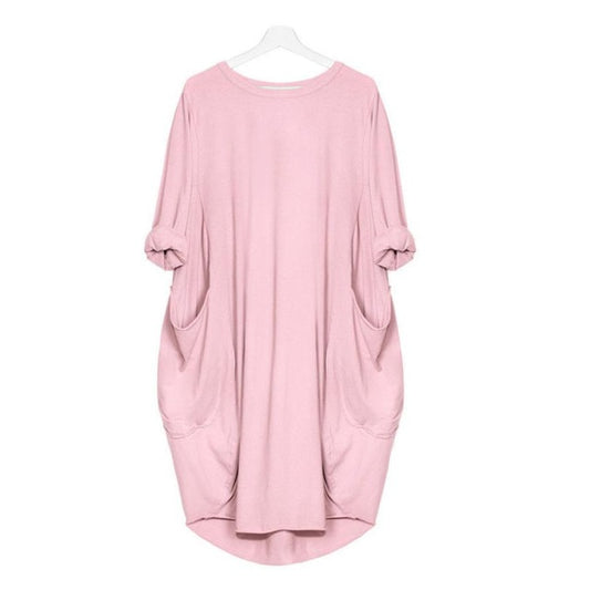 Women's Loose Fitting Dress Round Neck Knee Length with Pockets