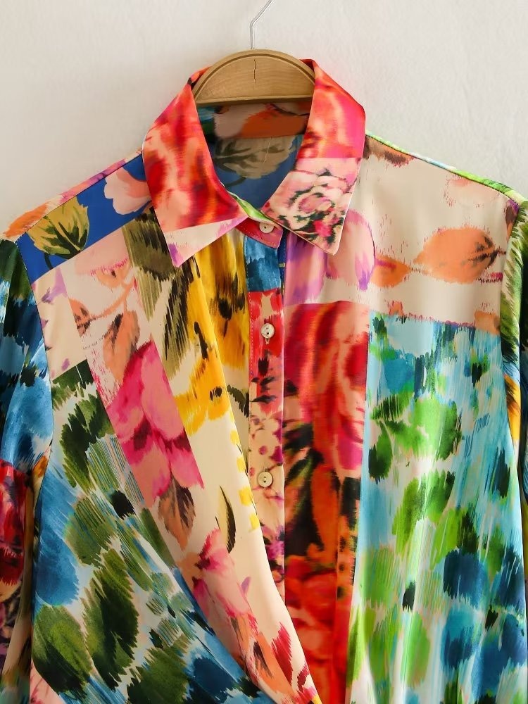 Women's Floral Rainbow Paint Print Playsuit Side Tie Belt Detail Long Sleeve Button Front Collar