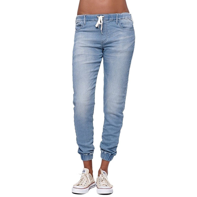 Women's Plus Size Denim Jeans Loose Cuffed Hem Drawstring Jogger Style Casual Trousers