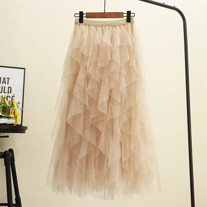 Women's Mesh Layered Elastic Waist Midi Skirt