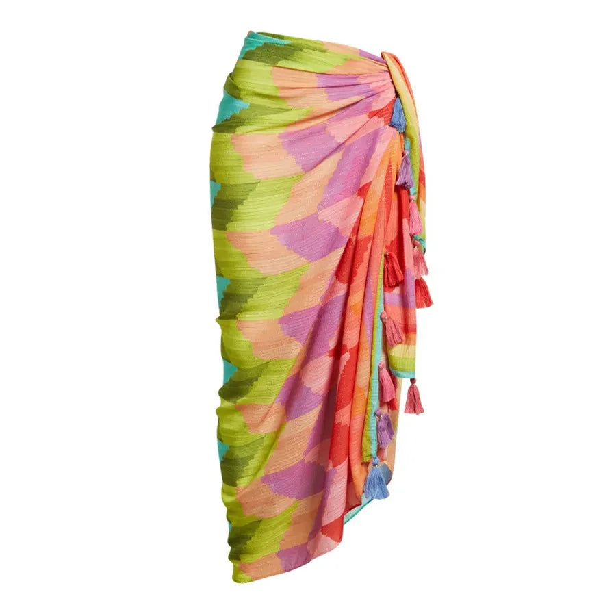 Women's Rainbow Zig Zag Print Wrap Cut Out Swimsuit and Sarong Two Piece Set