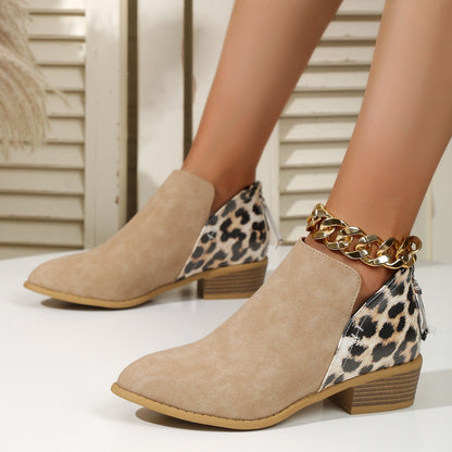 Women's Suede Leopard Print Ankle Boots Pointed Low Thick Heels Back Zipper Shoes