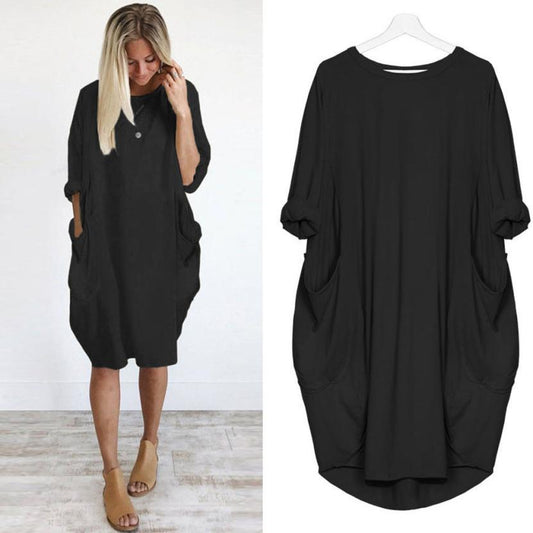 Women's Loose Fitting Dress Round Neck Knee Length with Pockets