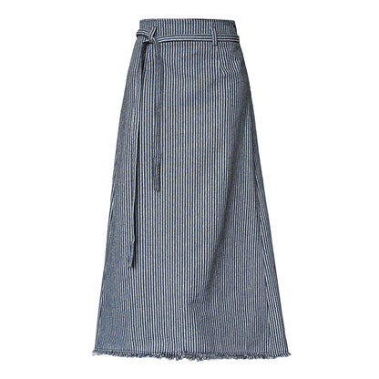 Women's Pinstripe Frayed Hem A-Line Maxi Skirt Waist Tie Belt