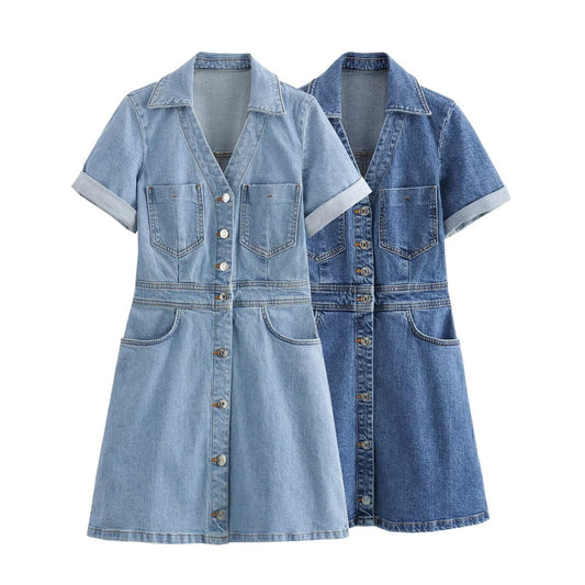 Women's Denim Mini Dress V-Neck Button Front Short Sleeve Front Pockets Fitted Casual Fashion