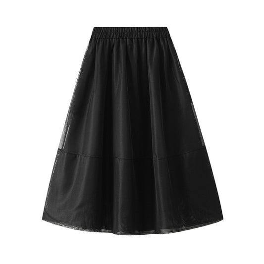 Women's Organza Mesh Skirt Puff Swing Flare Elastic Waist Midi Length