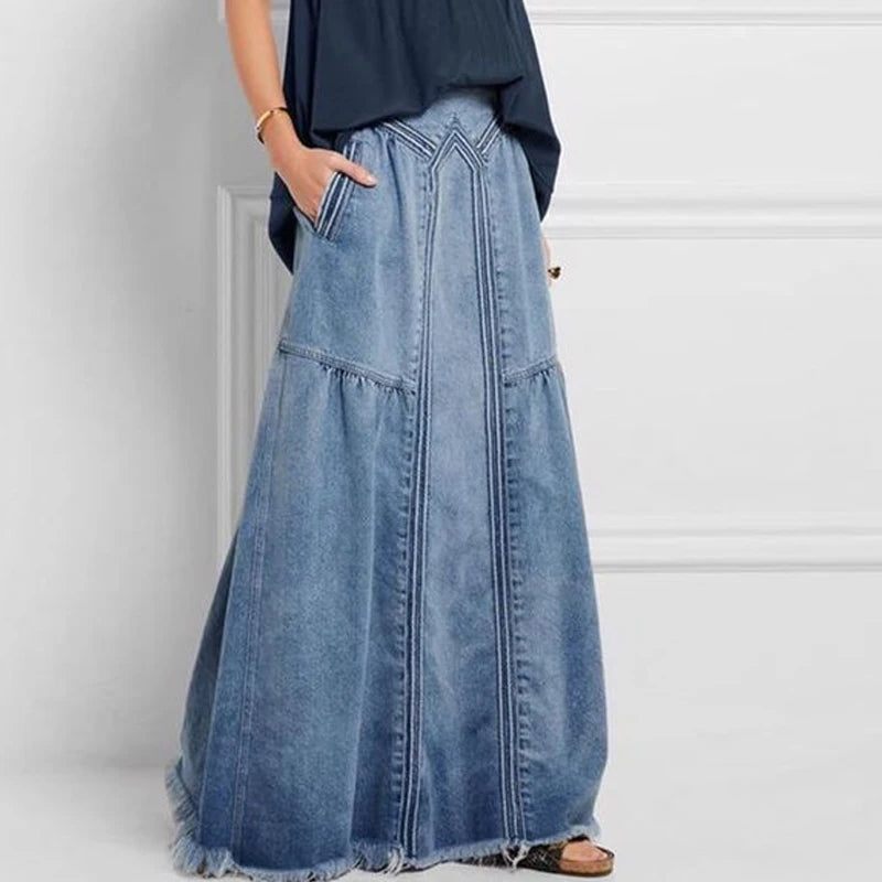 Women's Oversize Denim Skirt Patchwork Detailed Stitch Frayed Hem Solid High Waist Pockets Maxi Full Length