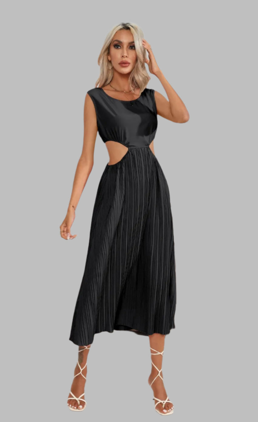 Women's Sleeveless Cutout Waist Pleated Midi Dress