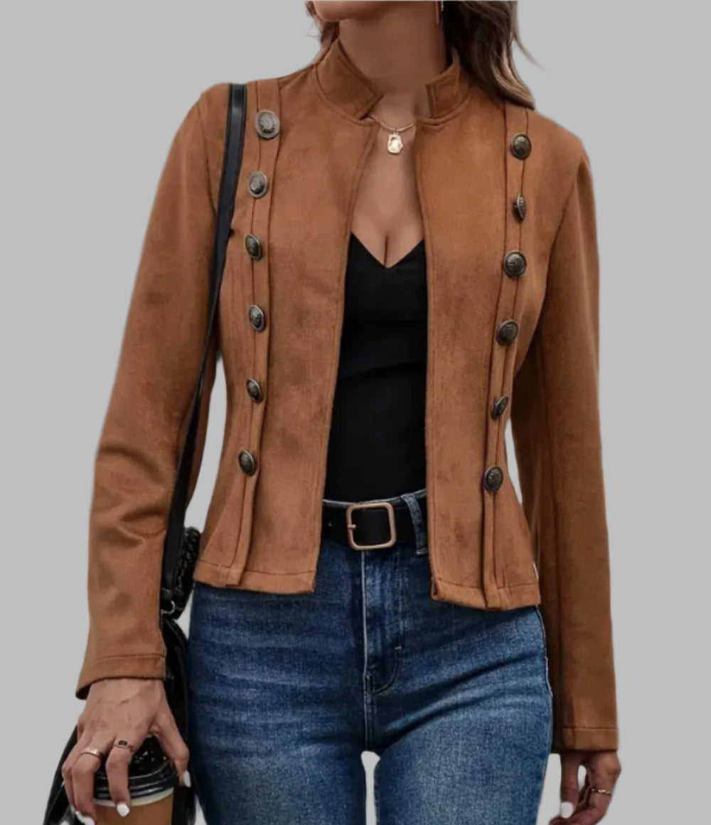 Women's Faux Suede Open Front Button Detail Fitted Jacket