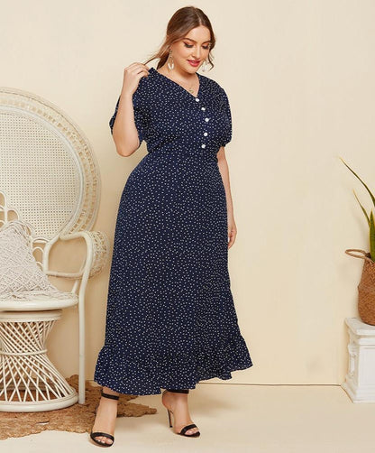 Women's Plus Size Polka Dot Fitted Maxi Dress Short Sleeve V-Neck Button Detail