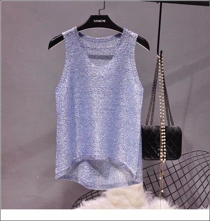 Women's Glitter Knitted Vest Top V-Neck Sleeveless Scalloped Front Hem