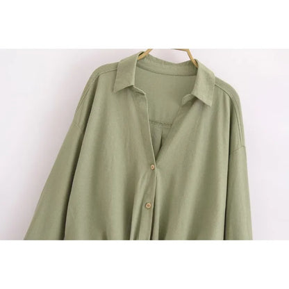 Women's Linen Blouse Long Sleeve V-Neck Twist Front Shirt