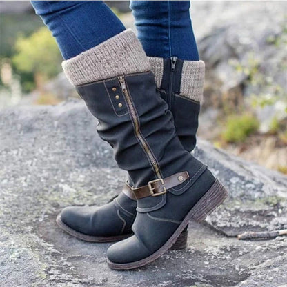 Women's Knee Length Snow Boots Wool Trim Thick Low Heel Zip Side Footwear