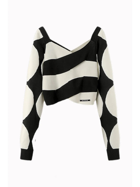 Women's Monochrome Striped Knit V-Neck Sweater