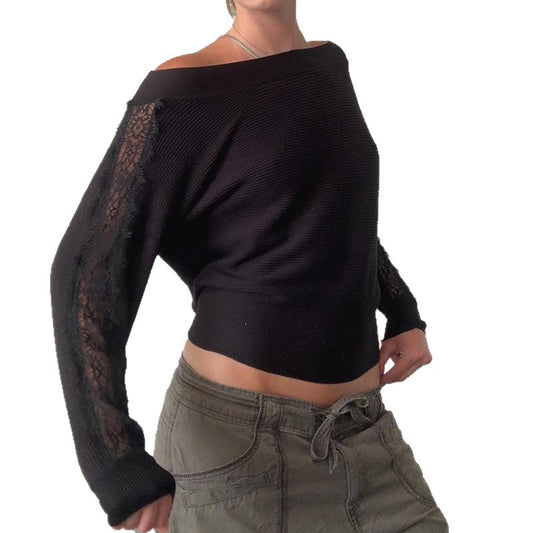 Women's Black Off Shoulder Lace Sleeve Knit Jumper