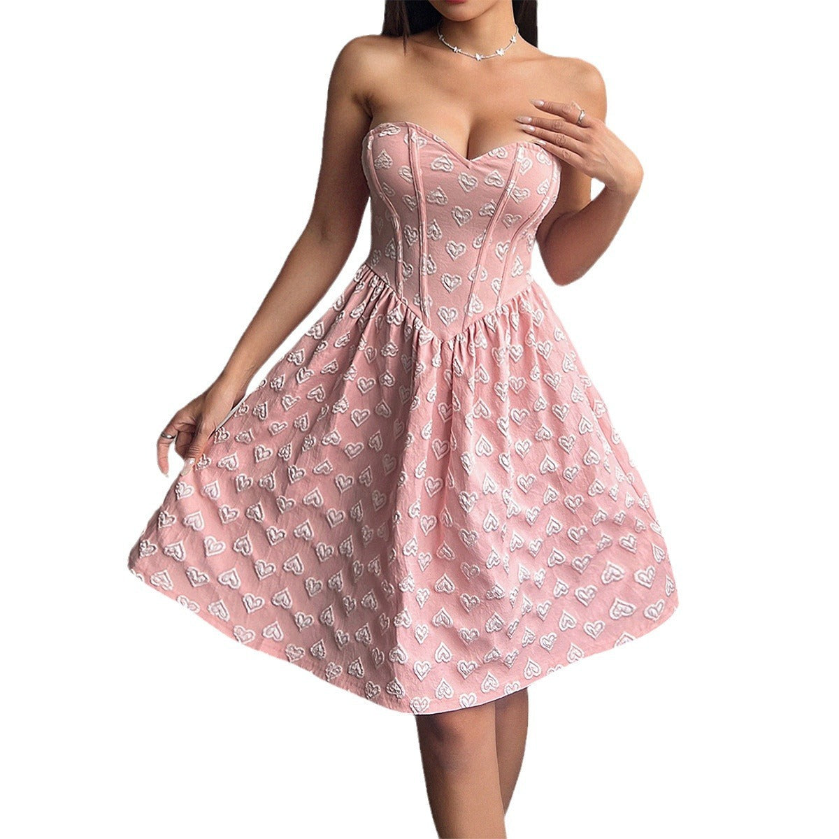 Women's Love Heart Corset Style Strapless Fitted Skater Dress